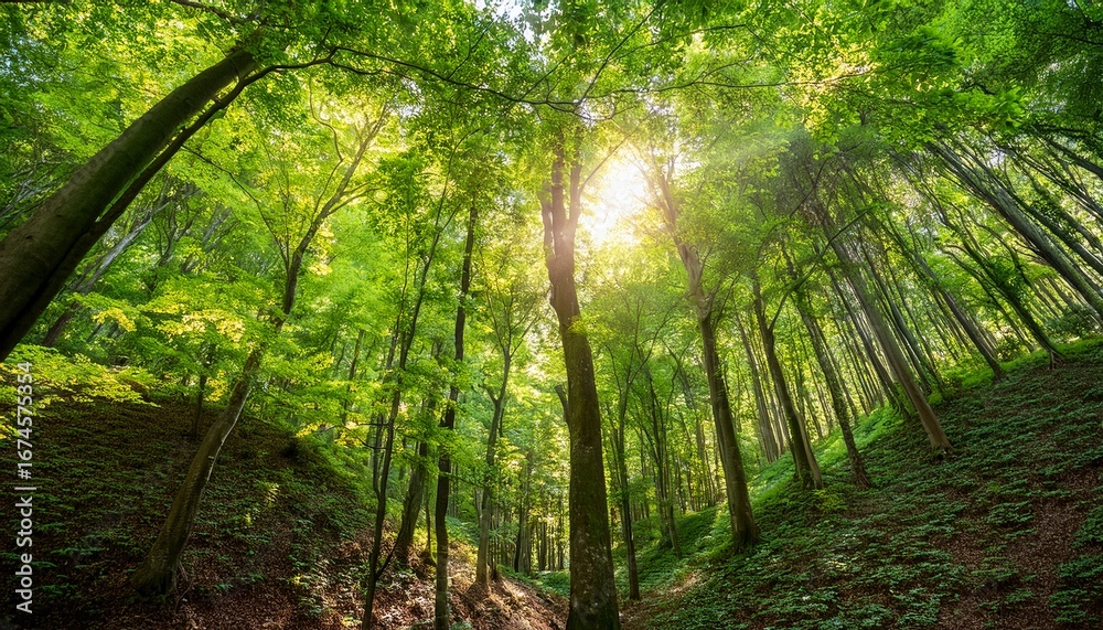 Naklejka premium green forest canopy with sunlight shining through dense leaves creating peaceful natural atmosphere