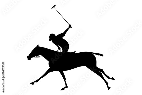 Silhouette of polo player on galloping horse swinging mallet in dynamic motion

