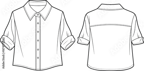 Women button up shirt, rolled sleeve blouse, fashion flat sketch, front and back view, technical drawing, stylish casual top