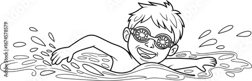 Happy boy swimming with goggles, splashing water, child enjoying swim, summertime fun, water sports, pool activity, kid swimming fast, playful child