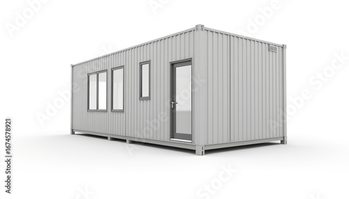 Modern gray shipping container home with windows and door  