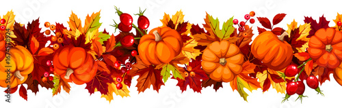 Autumn seamless border with brown, red, and orange fall leaves, pumpkins, rowan berries, and rosehip. Vector seamless garland