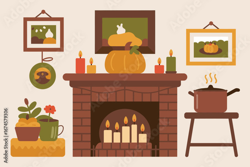 A cozy thanksgiving scene featuring a fireplace decorated with pumpkins and candles in a warm setting
