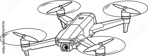 High detail black and white line art illustration of a modern quadcopter drone with camera, flying device, technology, aerial photography, remote control, innovation
