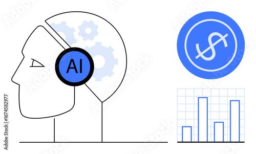 Human profile with AI gear, dollar sign in blue circle, bar graph. Ideal for technology, innovation, finance, growth, automation data analysis futuristic ideas. Simple flat metaphor