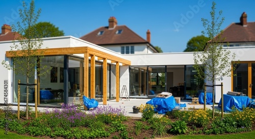 Modern White House Renovation with Timber Pergola and Landscaped Garden on a Sunny Day