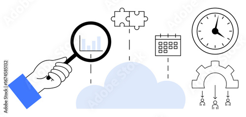 Hand examining cloud data with a magnifying glass surrounded by puzzle, clock, calendar, and gear icons. Ideal for analytics, planning, teamwork, cloud computing, problem-solving time management