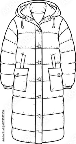 Long puffer coat with hood, button closure, quilted design, warm winter jacket, large pockets, casual outerwear, insulated, cozy, stylish, comfortable