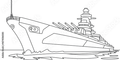 Massive modern warship sailing in ocean, navy battleship with cannons, powerful military vessel, maritime defense, detailed ship illustration
