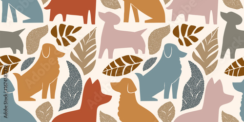 Cute seamless pattern with different dogs and puppies. Vector background with cut-out dog silhouettes, leaves. Cute funny texture in pastel colours. Repeated design for decor, print, package, textile