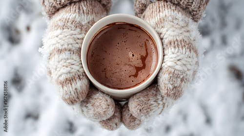 Hands in warm winter gloves holding cup of hot chocolate in snow