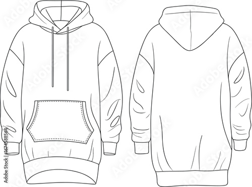 Oversized hoodie flat sketch, unisex casual sweatshirt, front pocket, drawstring hood, long sleeves, ribbed cuffs, relaxed fit, streetwear style, fashion design
