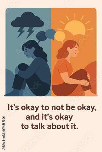 Flat vector illustration of woman showing contrast between sadness and hope with storm cloud and sunshine. Concept of mental health, talking about feelings, and emotional support
