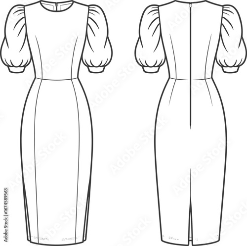 Puff sleeve dress flat sketch, technical fashion drawing, elegant midi dress template, front and back view, vector illustration, sewing design