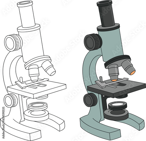 Scientific microscope illustration, educational biology tool, laboratory instrument, colored and outline version, research equipment, optical lens, science learning graphic