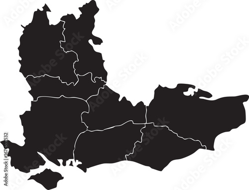 South East England Map Solid Black Silhouette With Regions