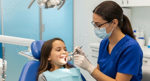 Female Dentist Examining a Happy Young Girl in a Bright Blue Dental Clinic Chair