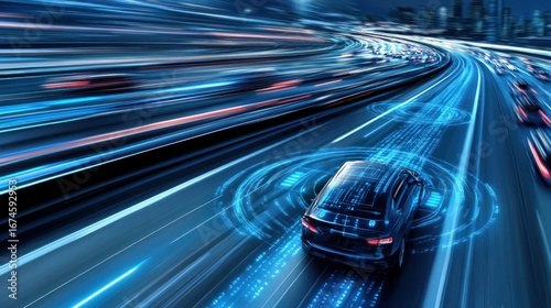 Autonomous car technology on highway at night