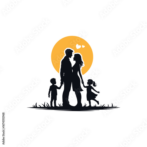 Loving Family Silhouette with Heart and Vector Illustration