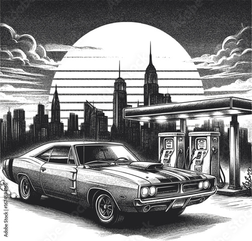 Car gas station in retro style. Classic car with gas station. Monochrome vector illustration. EPS version.