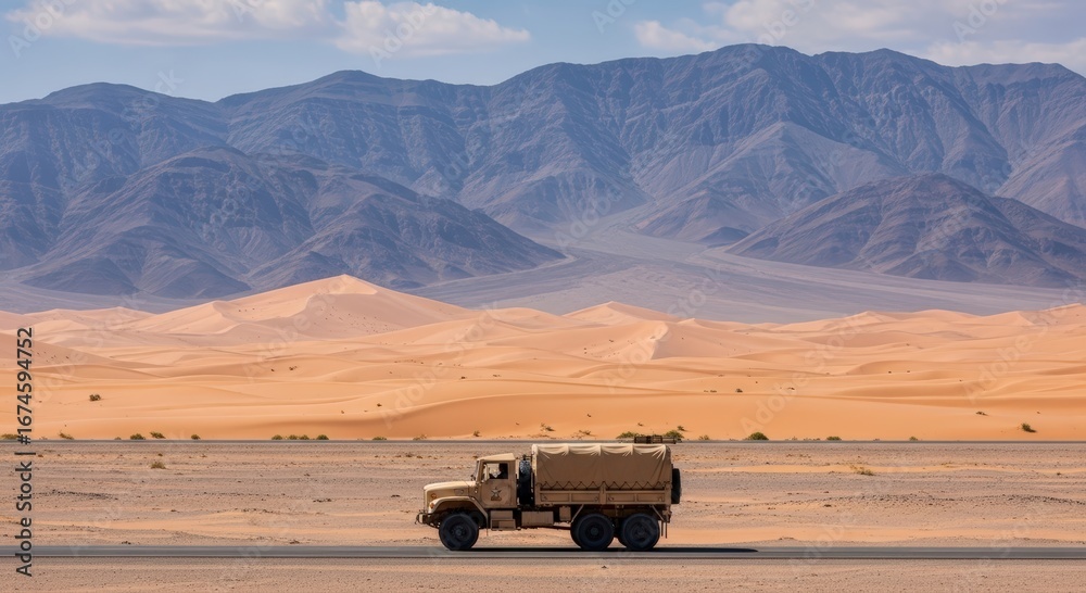 Fototapeta premium Tan Military Truck Driving on a Desert Road with Sand Dunes and Mountains