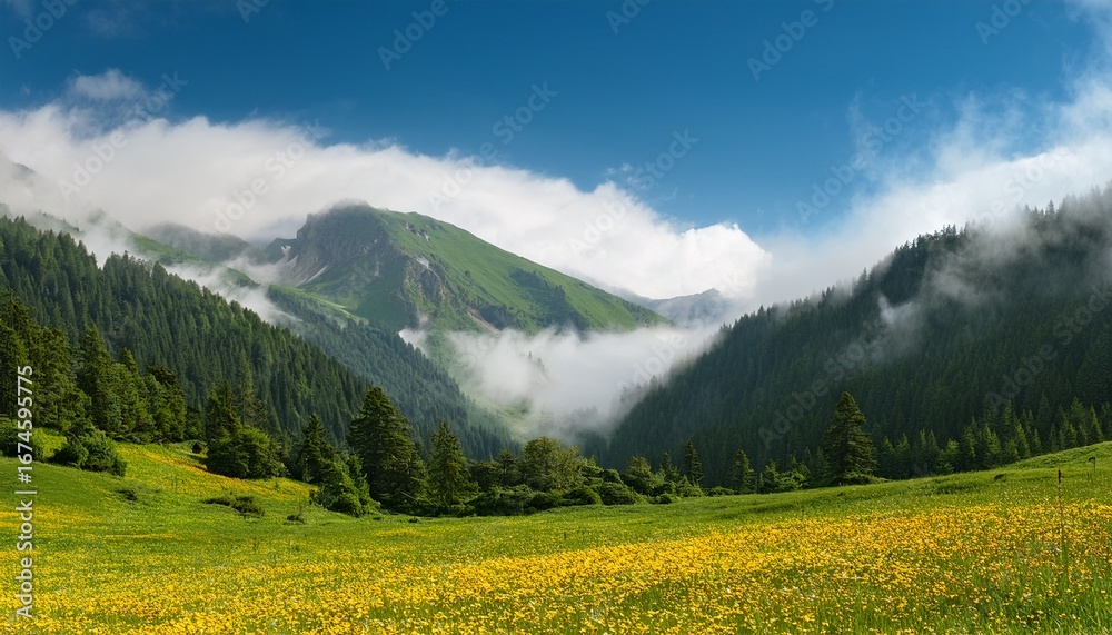 Obraz premium a serene landscape of majestic mountains shrouded in mist with lush green forests and a vibrant yellow flower meadow scenery