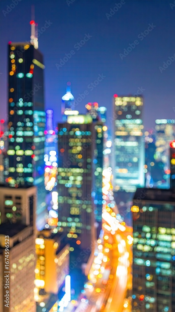 Obraz premium Vertical Night Cityscape Long Exposure Photograph With Bokeh Effect Featuring Illuminated Skyscrapers and Buildings in a Blue and Yellow Color Palette
