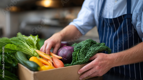 Fototapeta Naklejka Na Ścianę i Meble -  Farm to table chef selecting fresh organic vegetables from local produce delivery examining quality and seasonal ingredients for sustainable menu planning in restaurant prep area