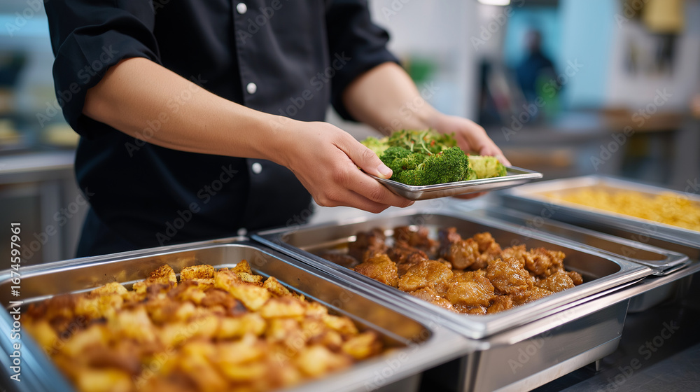 Obraz premium Catering chef preparing large scale event meals with industrial cooking equipment coordinating multiple dishes for banquet service while maintaining quality and presentation stand