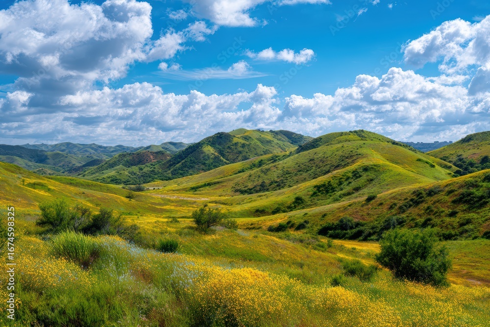 Naklejka premium Landscape with Rolling Hills and Wildflowers Under the Blue Sky