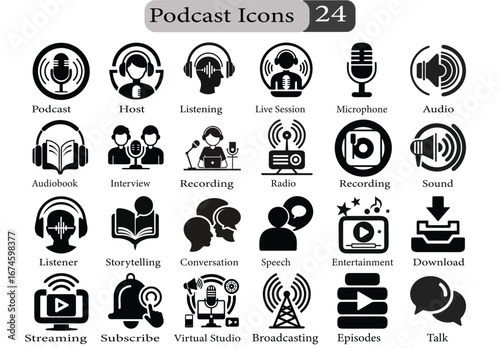 Podcast Silhouette Icons Set - Modern Podcast and Streaming Content Symbols
