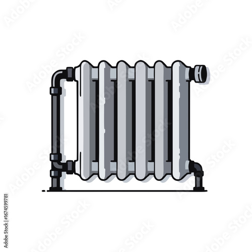 White metal radiator vector illustration with black pipes, flat heating system design for interior, energy efficiency, winter warmth, and home comfort concept on transparent background