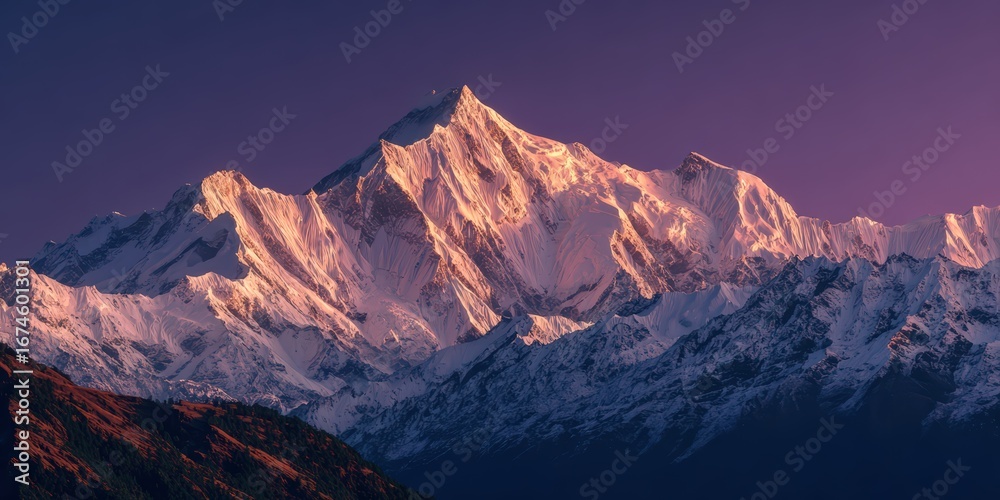 Fototapeta premium Snowy Mountain Peak at Sunrise With Purple Sky