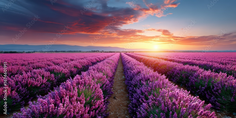 Naklejka premium Lavender Field at Sunrise with Colorful Sky