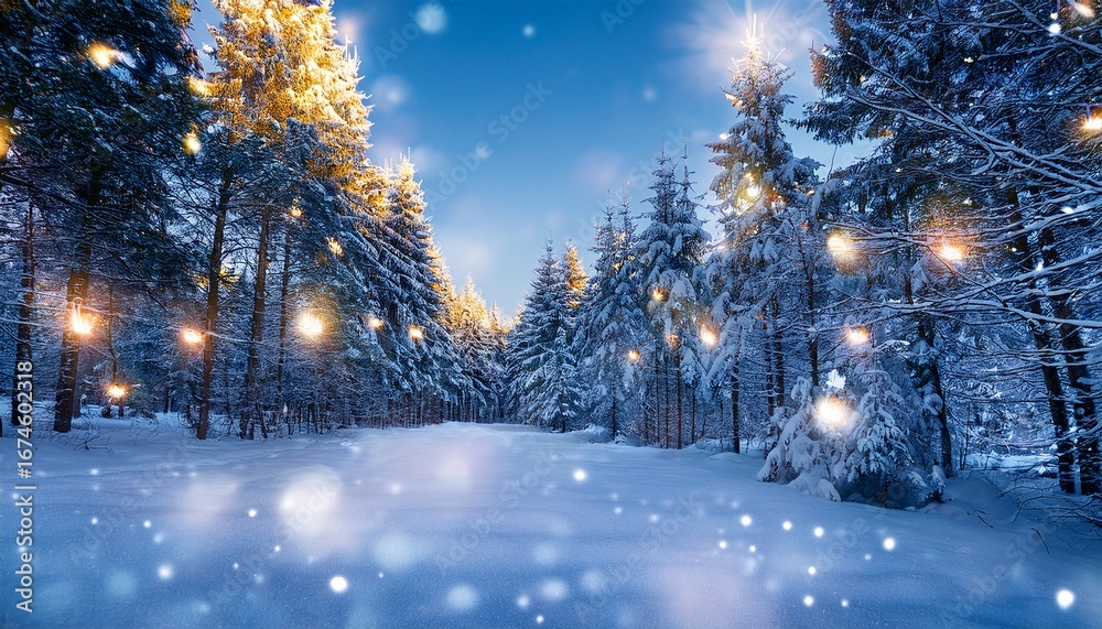Naklejka premium enchanted winter forest with snow covered trees adorned with twinkling lights