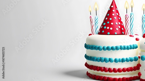 Delicious Birthday Cake with Candles and Party Hat