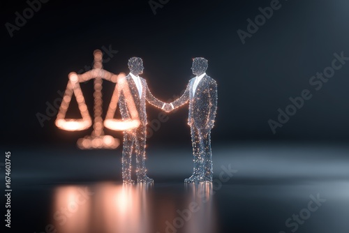 Digital Businessmen Shaking Hands with Justice Scales