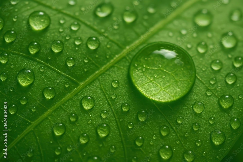 Fototapeta premium Green Leaf with Water Droplets Closeup