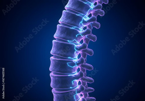 Spine: An anatomical illustration of a human spine, rendered with a detailed, close-up perspective, showcasing the complex structure of the vertebrae and neural pathways.