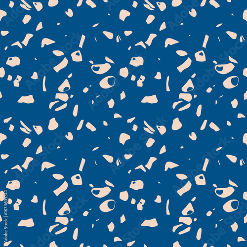 Simple vector seamless texture. Realistic pattern of mosaic floor surface with natural stones, marble, randomly scattered particles. Terazzo flooring background. Blue and beige repeated geo design
