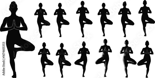 Yoga tree pose silhouette set, black vector, balance posture, fitness, wellness, meditation, stretching, flexibility, training, pilates, body alignment, exercise