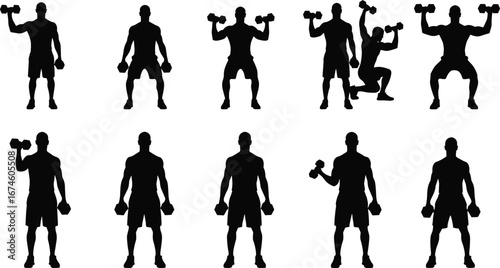 Dumbbell exercise silhouette set, black vector, strength training, workout poses, fitness, gym, weightlifting, bodybuilding, muscle, athletic, training, routine