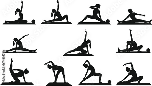 oga silhouette set, stretching poses, exercise ball, black vector, fitness, wellness, flexibility, balance, training, workout, pilates, mat exercises