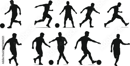 Soccer silhouette set, ball interaction poses, black vector, kick, dribble, run, motion, sport, athlete, dynamic stance, training