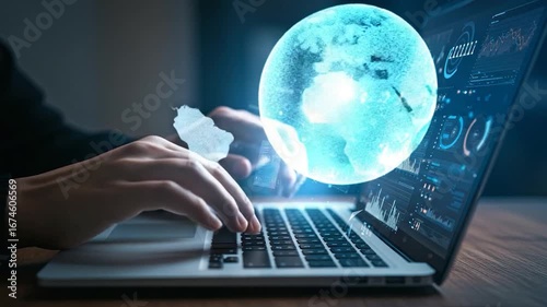 Hands typing on a laptop, overlaid with digital data visualizations.