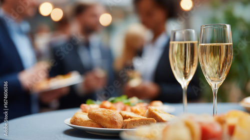 Real estate investment summit with upscale hors d'oeuvres and champagne service featuring property developers and investors in sophisticated networking environment blurred