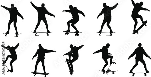 Skateboarding silhouette set, trick poses, hoodie and pants, black vector, jump, flip, balance, motion, sport, youth, dynamic stance