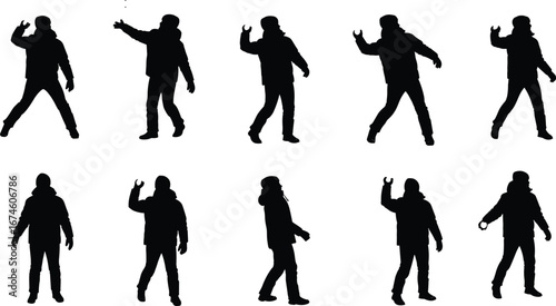 OK gesture silhouette set, standing poses, black vector, raised hand signal, jacket pants, motion, character design, expressive stance