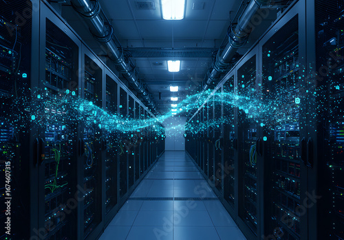 Data Center's Digital Landscape: A vibrant, azure digital stream pulses through rows of servers in a futuristic data center, illustrating the flow of information and technological advancement.