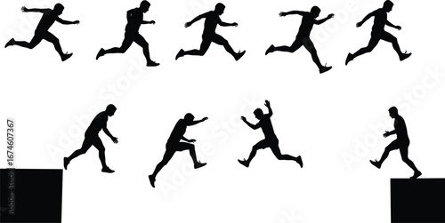 Jumping silhouette sequence, running leap, platform gap, motion vector, dynamic pose, physics, animation, action, balance, determination, sport
